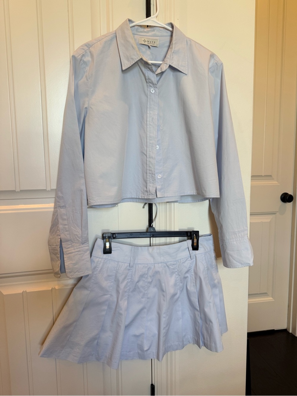 Wayf Collared Shirt and matching skirt in Light Blue